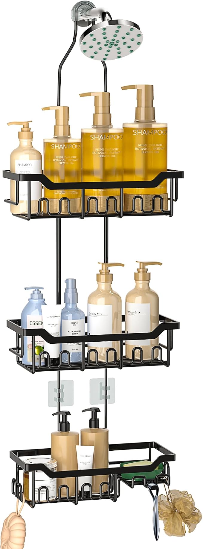 Adjustable Shower Caddy Hanging, Extended Length Organizer Over Shower Head, 3 Tier Long Neck Shower Rack with Soap Holder for Large Storage, Black by Joqixon