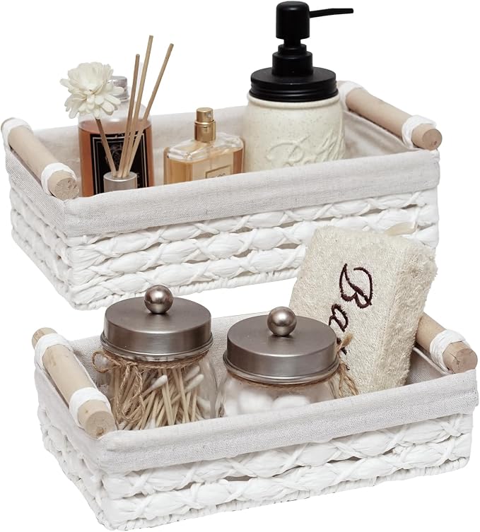 Storage Basket Wicker Baskets for Organizing with Handle Decorative Storage Bins for Countertop Toilet Paper Storage Basket for Toilet Tank Top Small Baskets Set (Set of 2,White) by Unknown