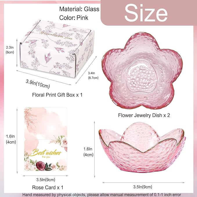 Gifts for Women Trinket Dish Flower Jewelry Dish Pink Glass Ring Holder Jewellery Tray Cute Room Decor Aesthetic Bedroom Accessories Unique Birthday New Home Mothers Day Gifts for Women Friends(2 pcs) - Image 5