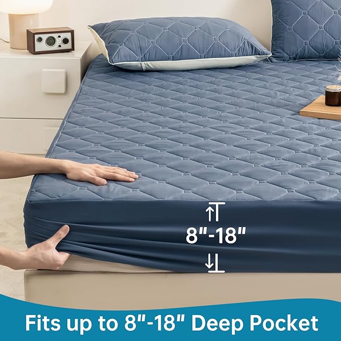 Waterproof Mattress Protector King, 18” Deep Pocket King Mattress Topper+2pcs Pillow Cases - Leakproof, Oeko-TEX Certified, Breathable & Noiseless,Machine Washable (Blue)