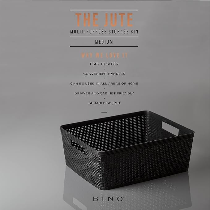 BINO | Woven Plastic Basket | Medium (Black), 4-Pack | THE JUTE COLLECTION | Home Organization, Space - Saving Storage, Stylish Design | Jute Basket | Plastic Storage Basket - Image 2