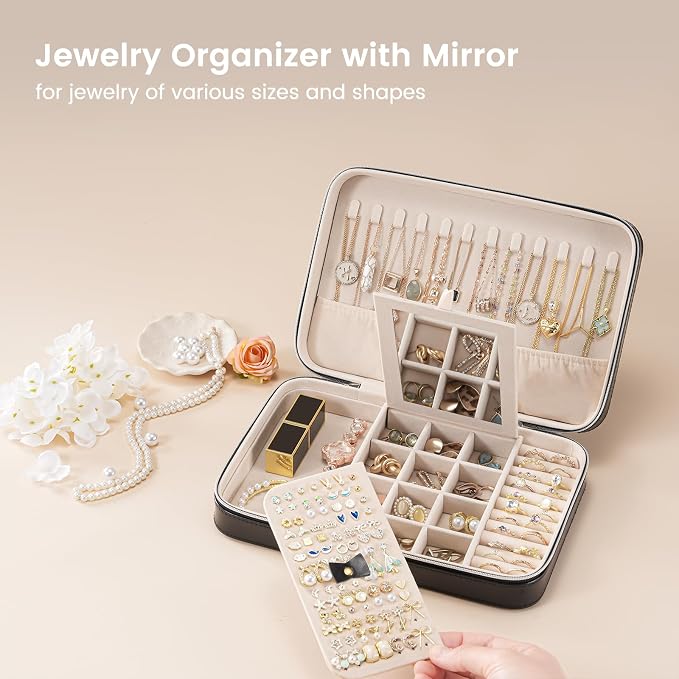 Lolalet Travel Jewelry Case for Women Girls, Travel Jewelry Organizer Box with Mirror & Clear Storage Bag, Small Portable Earring Necklace Bracelet Ring Case, Birthday Valentine Gifts -Large, Black - Image 2