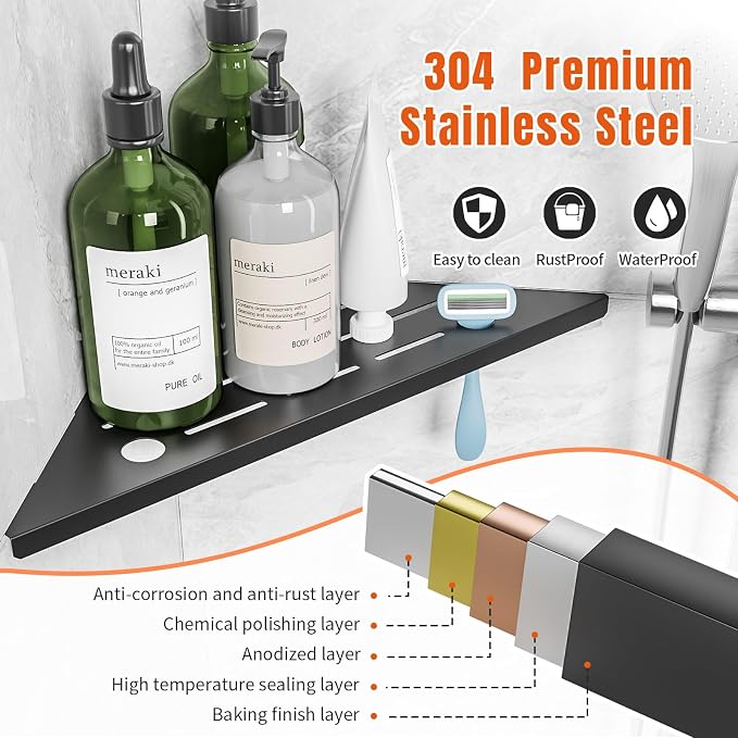 Corner Shower Shelves with Razor Hole, Modern Sturdy Shower Caddy, 10" 304 Stainless Steel Shower Organizers Bathroom Shelf for Tile Wall, No Drilling Grout Mount Shelf for Shower,Bathroom Accessories - Image 4