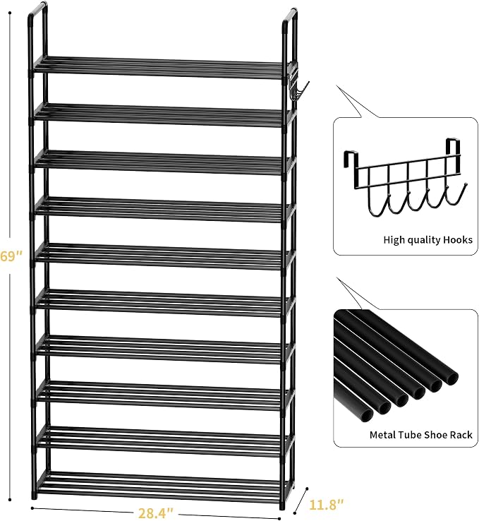 Shoe Rack, 10 Tier Shoe Storage Organizer with Hooks,Fit 40-45 Pairs Shoes,Metal Tall Shoe Shelf for Closet,Entryway, Hallway,Garage,Bedroom,Cloakroom - Image 3