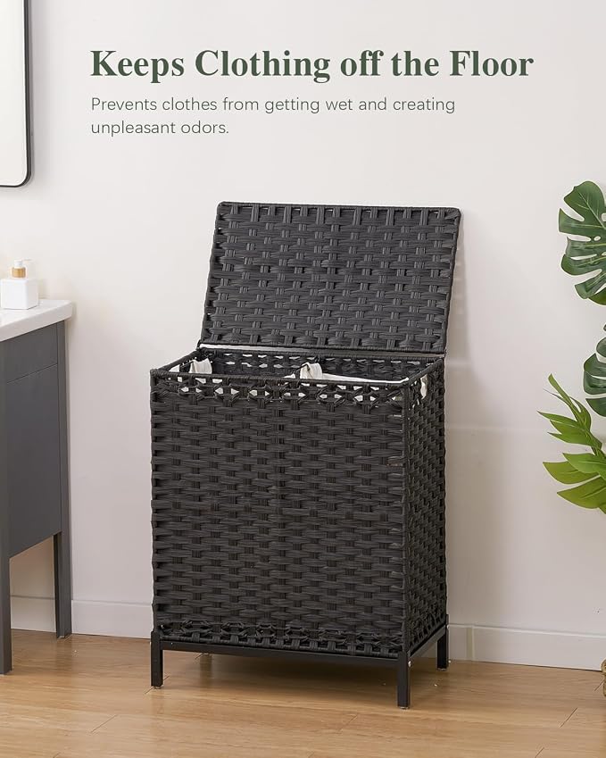 SETVSON Laundry Hamper with Lid, 112 L Handwoven Rattan Wicker Laundry Basket, 2 Removable Liner Bags Metal Heightened Feet, 6 Mesh Bags, 2 Section Large Clothes Hamper for Bathroom Bedroom, Black - Image 2