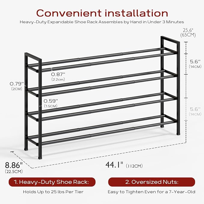 Bumusty 4-Tier Long Expandable Shoe Rack for Closet, 18"-44" Adjustable Shoe Rack for Entryway, 20-24 Pairs Large Shoe Organizer Shelf Storage, Sturdy Metal, Black - Image 2