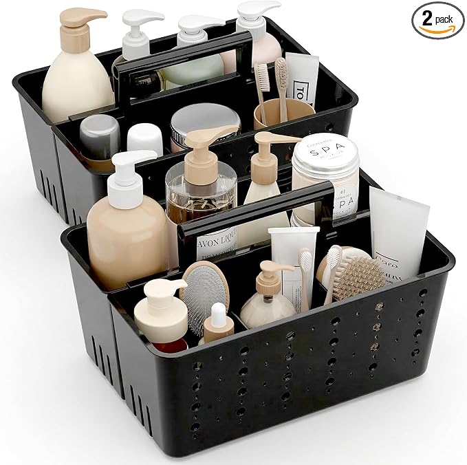 Lifewit Shower Caddy Portable, Cleaning Supplies Caddy Organizer with Handle and Adjustable Dividers, Plastic Shower Basket for Dorm Room Essentials, College, Bathroom, Black, 2 Packs by Lifewit