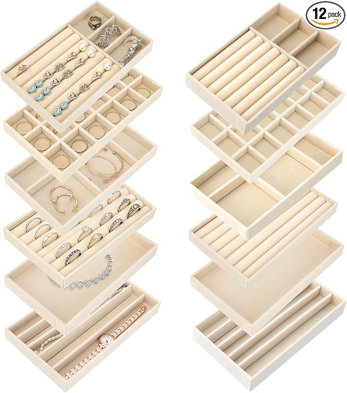 12Pcs Velvet Stackable Jewelry Trays, Jewelry Drawer Organizer, Large Removable Display Jewelry Tray, Necklace Bracelet Storage Box for Earring, Ring, Brooch, Watch (Beige) by FHDUSRYO