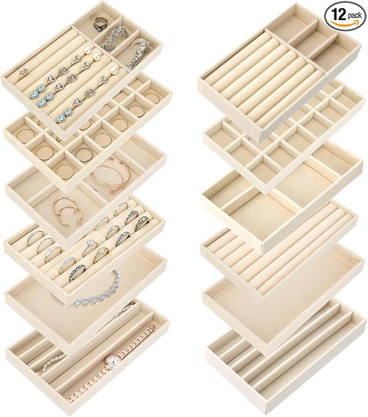12Pcs Velvet Stackable Jewelry Trays, Jewelry Drawer Organizer, Large Removable Display Jewelry Tray, Necklace Bracelet Storage Box for Earring, Ring, Brooch, Watch (Beige) by FHDUSRYO