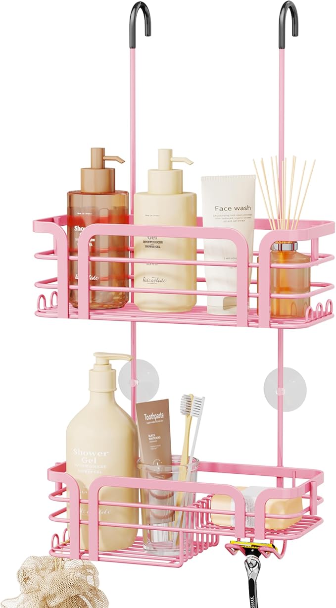 SWTYMIKI Shower Caddy Hanging Organizer - Over the Door Shower Caddy with Soap Holder, 11 Hooks, 2 Installation Ways, Stainless Steel Rustproof Bathroom Organizer, Pink by SwtyMiki-TidyHomeSweetLife