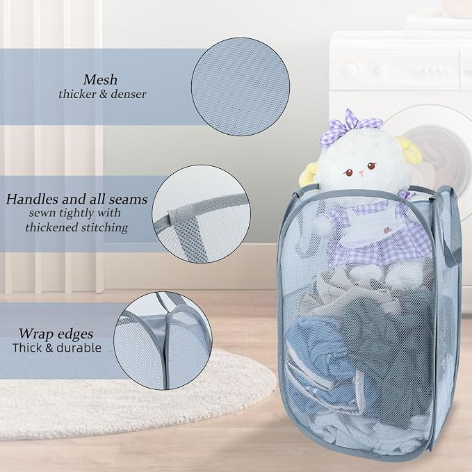 Upgraded 100L Extra Large Collapsible Laundry Hampers. Pop Up Laundry Basket Mesh with Pocket, Fold Compact, Large Hold Portable Travel Laundry Bag for Dorm Storage Bin, Grey. V - Image 3