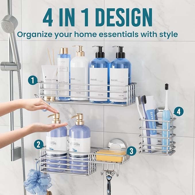 TAILI Shower Caddy Suction Cup, 3 Pack Shelves for Inside with Hooks & Soap holder Toothbrush Cups, Removable Bathroom Organizer, Rustproof Silver Holder Storage-Silver - Image 7