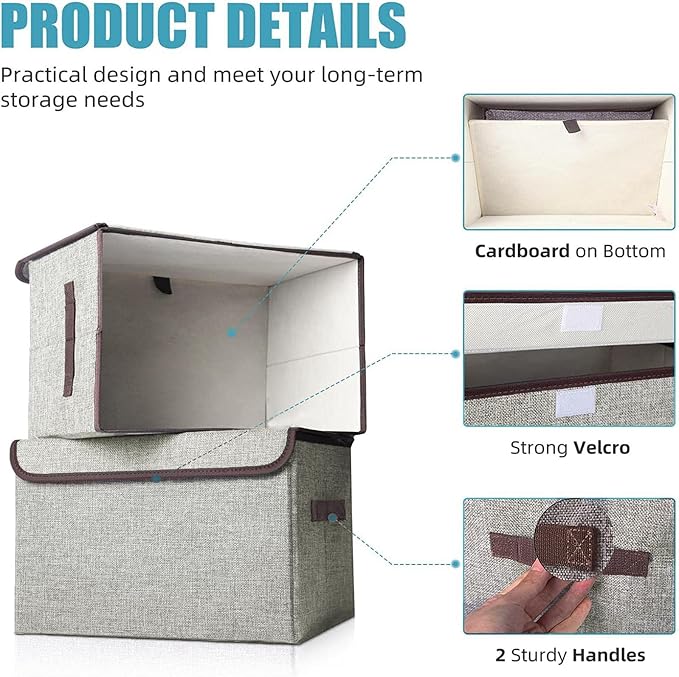 Bagnizer Linen Fabric Foldable Storage Cube Bin Organizer Basket with Flip-Top Lid & Handles, Large Clothes Blanket Box for Home, Office, Closet, Light Gray, 4 Pack 14.6 x 9.5 x 9.5” - Image 2
