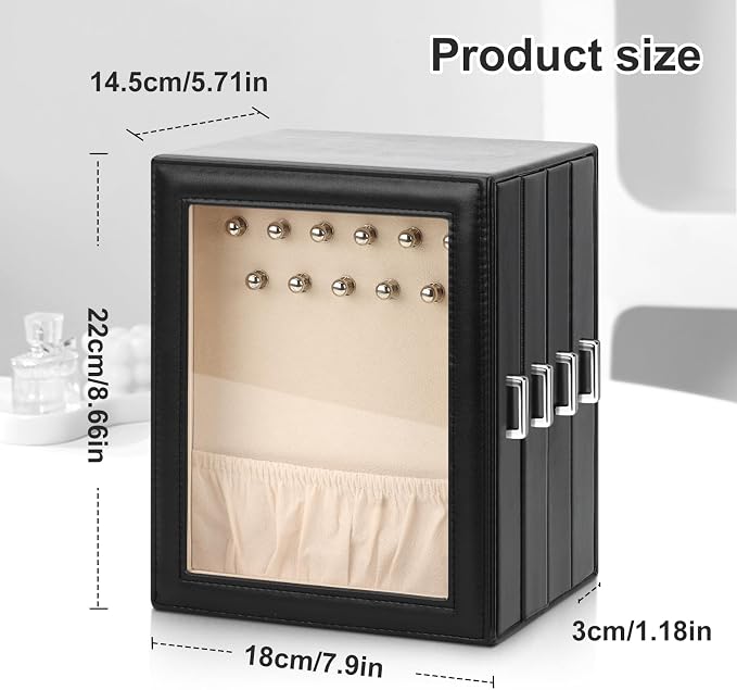 DesignSter Jewelry Box Organizer, Jewelry Box for Women, PU Jewelry Organizer Display Case with Side Drawers, Jewelry Storage for Earring Necklace Ring Bracelet Watch - Image 3