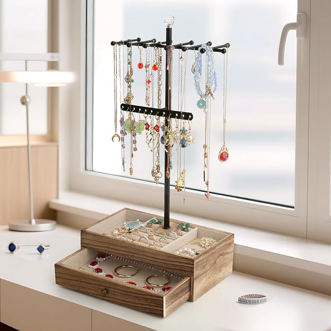 Meangood Jewelry Organizer Stand, 3-Tier Necklace Holder Jewelry Tree with Wooden Storage Drawer Box for Necklace Bracelet Earring Ring, Carbonized Black - Image 2