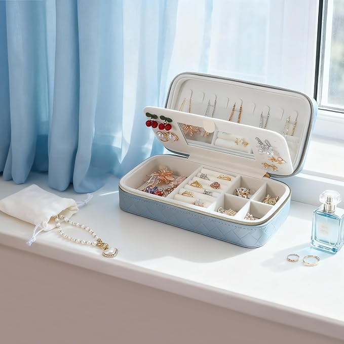 DesignSter Travel Jewelry Case, Woven Embossed PU Leather Jewelry Organizer with Mirror, Small Portable Jewelry Box for Women Rings Necklaces Bracelets Earrings - Image 5