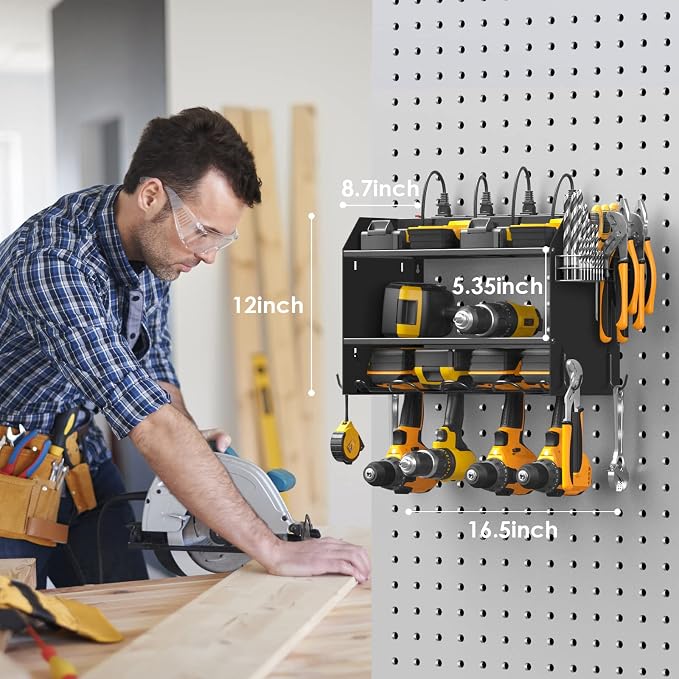 CCCEI Modular Power Tool Organizer Wall Mount with Charging Station. Garage Drill Storage Shelf with Hooks, Heavy Duty Rack, Tool Battery Holder Built in 8 Outlet. Gift for Men. Black, 1 Pack. - Image 8