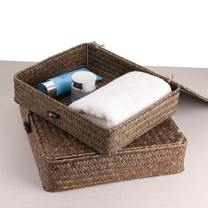 Hipiwe Set of 2 Flat Woven Wicker Storage Bins with Lid Natural Seagrass Basket Multipurpose Home Boxes for Shelf Organizer (Coffee) - Image 6