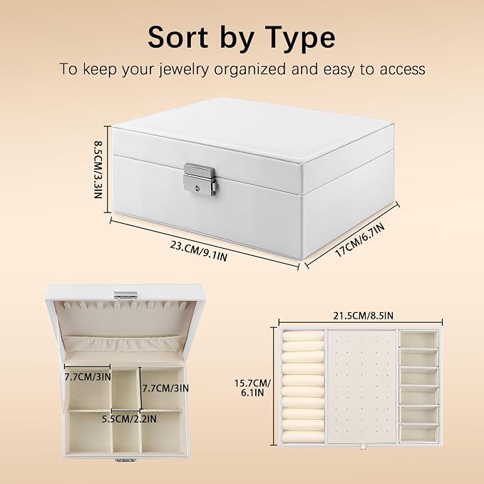 Homeanda Jewelry box 2 layer Jewelry box Leather Jewelry boxes for Women Girls Teens Jewelry organizer box Jewelry Storage box with lock(White) - Image 3