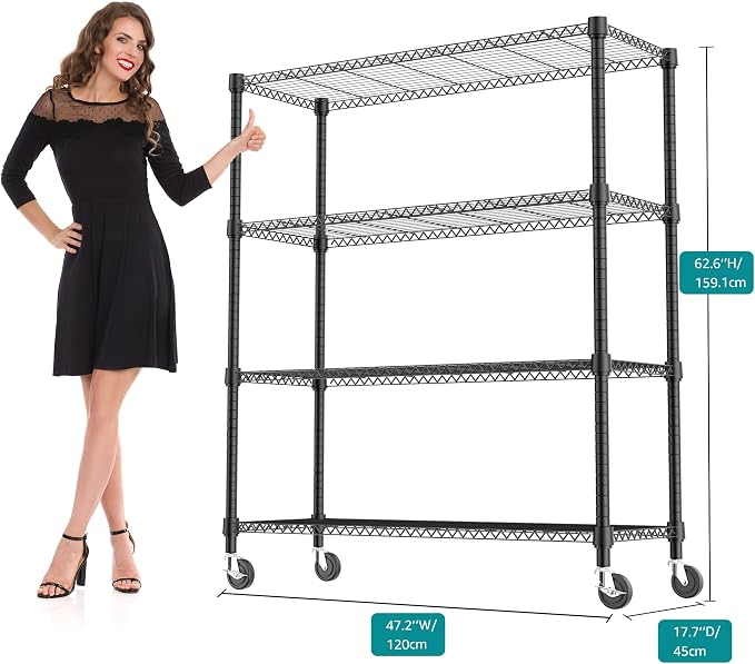 M MZG 1400LBS 47.2" W 4 Tiers Storage Shelves Metal Shelving Unit with Wheels Heavy Duty Garage Shelving Adjustable Wire Shelves for Pantry,Kitchen,Garage,Basement,Black 17.7" D x 47.2" W x 62.7" H - Image 3