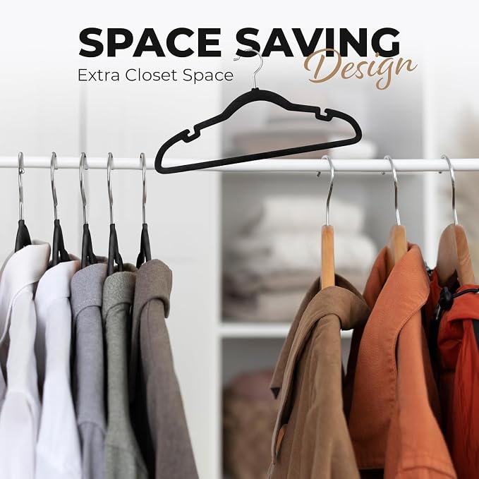 Our Modern Space 200 Pack Velvet Hanger for Shirt Pants Dresses Skirts Suits Jackets - Slim Space Saving Design - Standard Coat Hanger - Sturdy & Durable Design with Shoulder Grooves Hook - Image 5