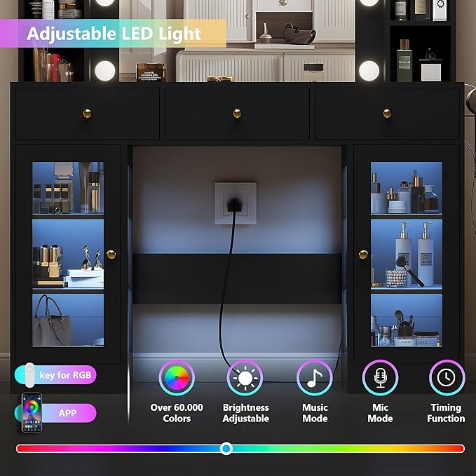 HUANLEGO Black Vanity Desk with Mirror and Lights, Glass Top Vanity with Lighted Mirror & RGB Glass Cabinet and 3 Drawers, Makeup Vanity Desk with Lights Dressing Table for Bedroom, 3 Color Modes