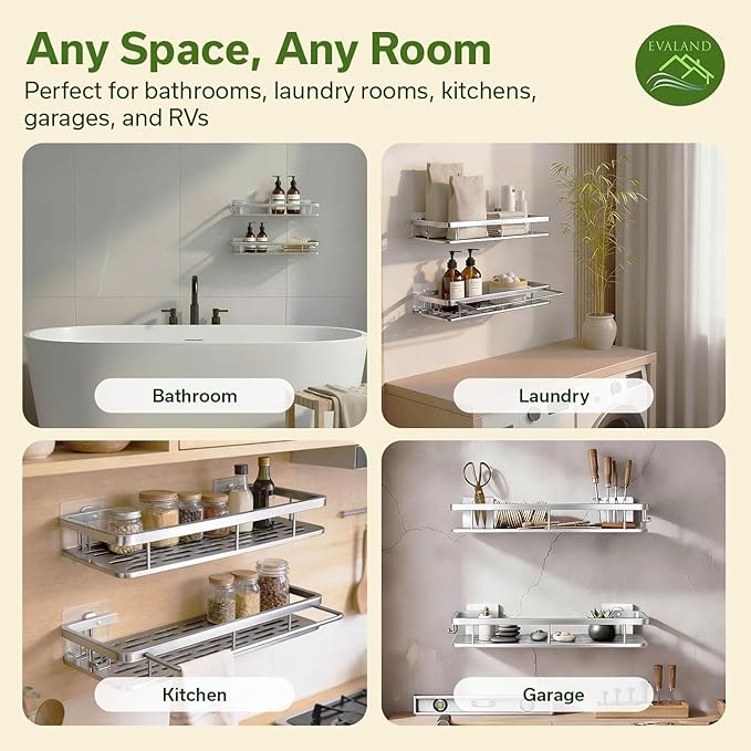 EVALAND Shower Caddy Adhesive 2-Pack with Hooks and Rod for Towels, Silver – Premium Bathroom Shower Shelves, Shampoo Organizer, Bathtub Shelf, Rustproof, Easy Installation, Sturdy Modern Look - Image 5