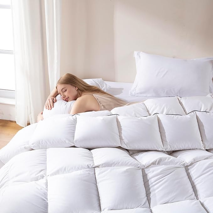 DOWNCOOL Feather Down Fiber Comforter Full Size, 100% Cotton Ultra Soft Fluffy Duvet Insert Full, All Season Luxurious Hotel Bed Comforter with Corner Tabs, White 82 x 86 Inch