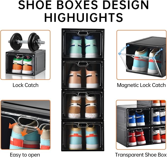 INSTY 12 Pack Large Shoe Storage Box, Clear Shoe Storage Organizer with Magnetic Door, Stackable,Shoe Containers For Display Sneakers, Easy Assembly, Fit up to US Size 12, Black - Image 5