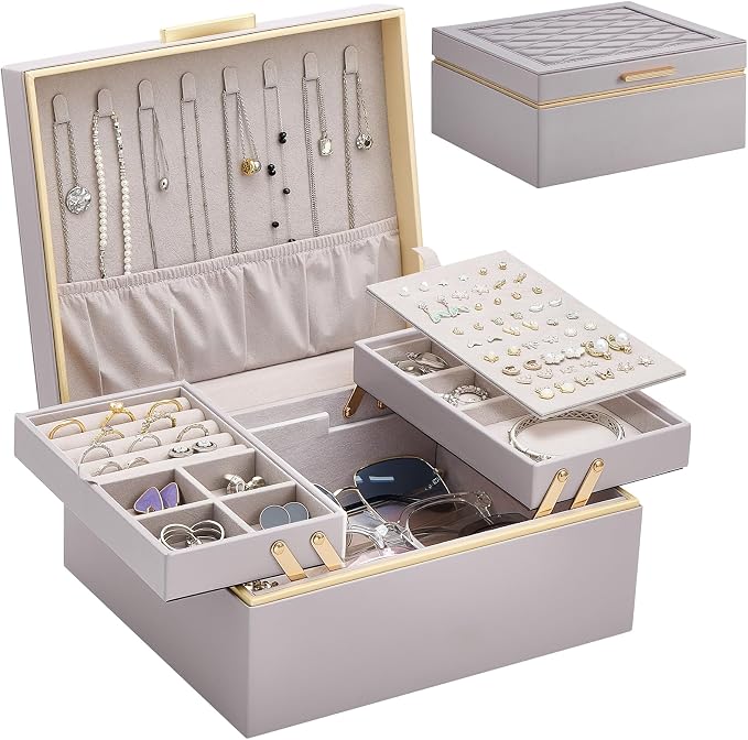 Lolalet Jewelry Box Organizer for Women Girls, 2 Layer Jewelry Organizers and Storage for Necklace Earrings Rings Bracelets, Large Jewellery Holder Case Birthday Mothers Day Gifts -HazePurple by Lolalet