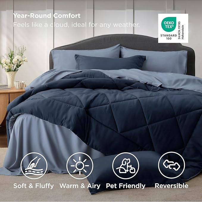 Bedsure Full Comforter Set - 7 Pieces Reversible Navy Blue Bedding, Full Size Bed Set for All Seasons, Bed in a Bag with Down Alternative Comforter, Sheets, Pillowcases & Shams