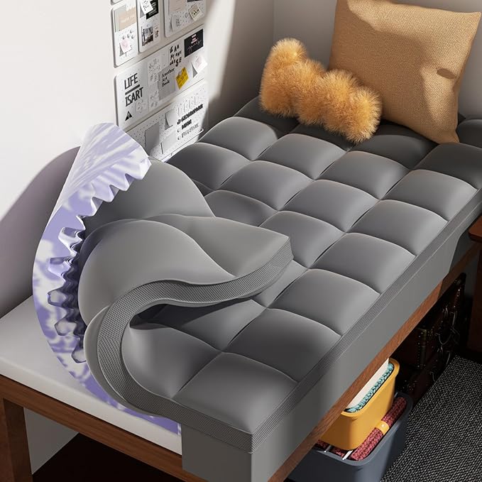 Dual Layer 5 Inch Memory Foam Mattress Topper Twin XL - 2 Inch Gel Memory Foam and 3 Inch Pillow Top Mattress Pad, 7-Zone Egg Crate Twin XL Size Mattress Topper (Dark Gray)