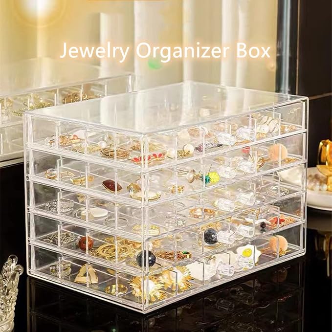 Feadily Acrylic Jewelry Organizer Box, Jewelry Drawer Organizer With 5 Drawers 120 Grids, Clear - Image 8