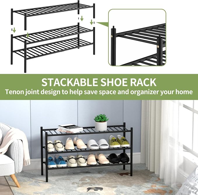 ROMGUAR CRAFT 3-Tier Bamboo Long Shoe Rack, Free Standing Wood Shoe Shelf Storage Organizer for Closet Entryway Stackable 35"x11"x20" (Black) - Image 6