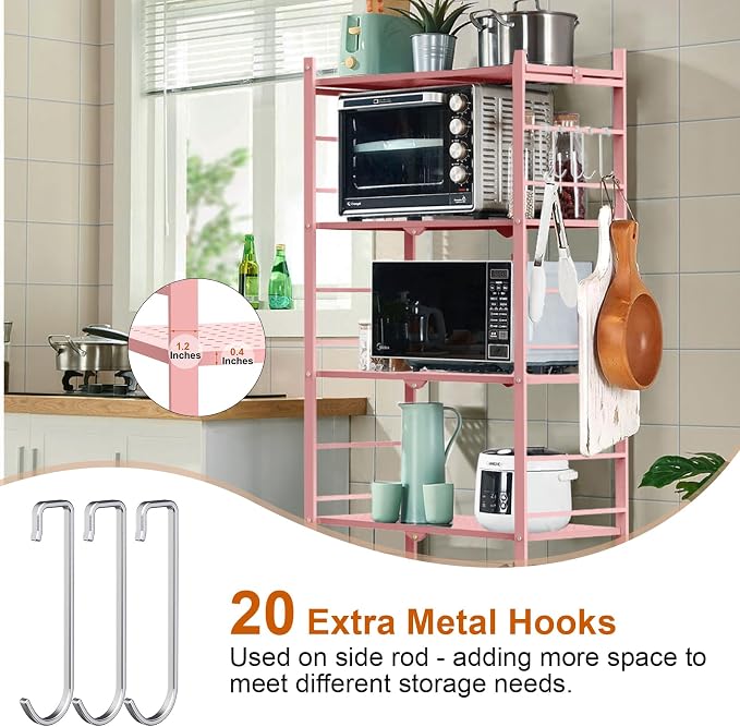 Himix Storage Shelves with 20 Hooks, 5-Tier Foldable Shelves for Storage, Folding Shelf Unit Pantry Shelves with Wheels, Standing Shelving Unit for Kitchen Garage Home Office Room Greenhouse, Pink - Image 4