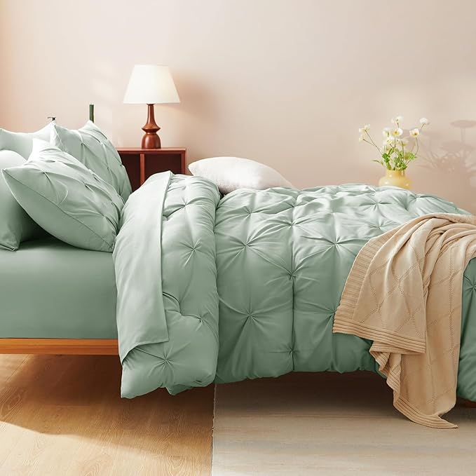 CozyLux Twin XL Comforter Set Sage Green, 5 Pieces Twin Extra Long Pintuck Bed in A Bag for College Dorm, Pinch Pleat Bedding Set with Comforter, Sheets, Pillowcase & Sham