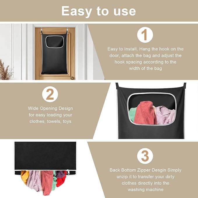 Over the Door Laundry Hamper, Hanging Laundry Hamper Bag with Wide Opening and Full-Length Zipper, Easy Storage & Access, Space Saving for Bathroom, Bedroom, Dorm, Travel (Black) - Image 4