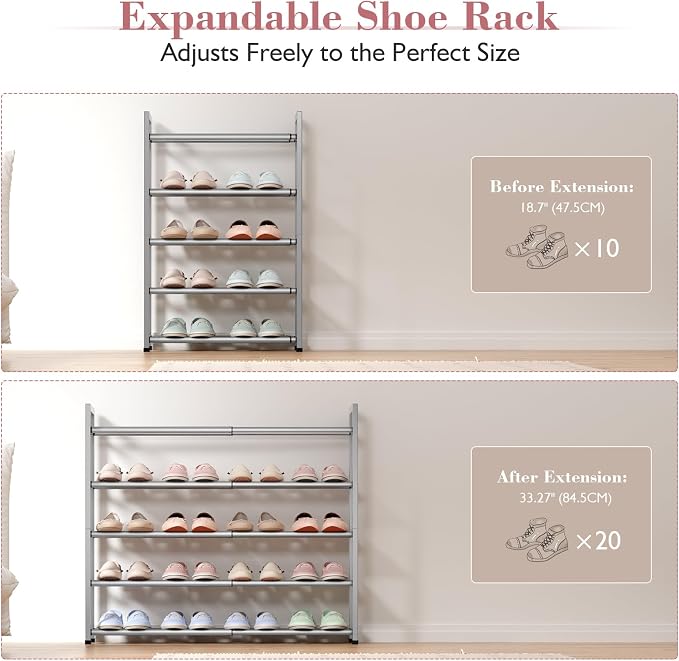 Bumusty 5-Tier Expandable Shoe Rack for Closet, 18“-33” Adjustable Shoe Rack for Small Space, Small Shoe Organizer for Front Door, Sturdy Metal, Light Grey - Image 4