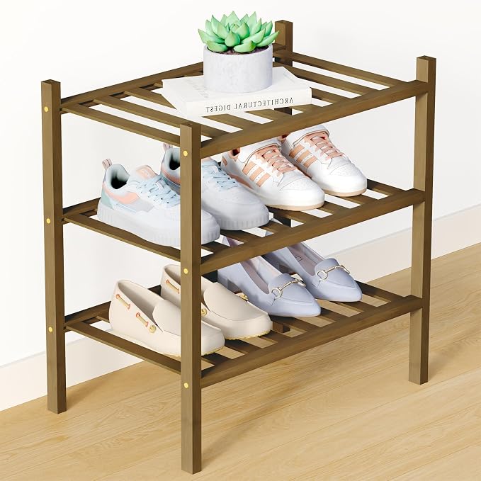 Smiry Bamboo Shoe Rack for Closet, 3 Tier Small Wooden Stackable Shoe Organizer, Free Standing Shoes Storage Shelf for Entryway, Front Door Entrance, Walnut by Smiry