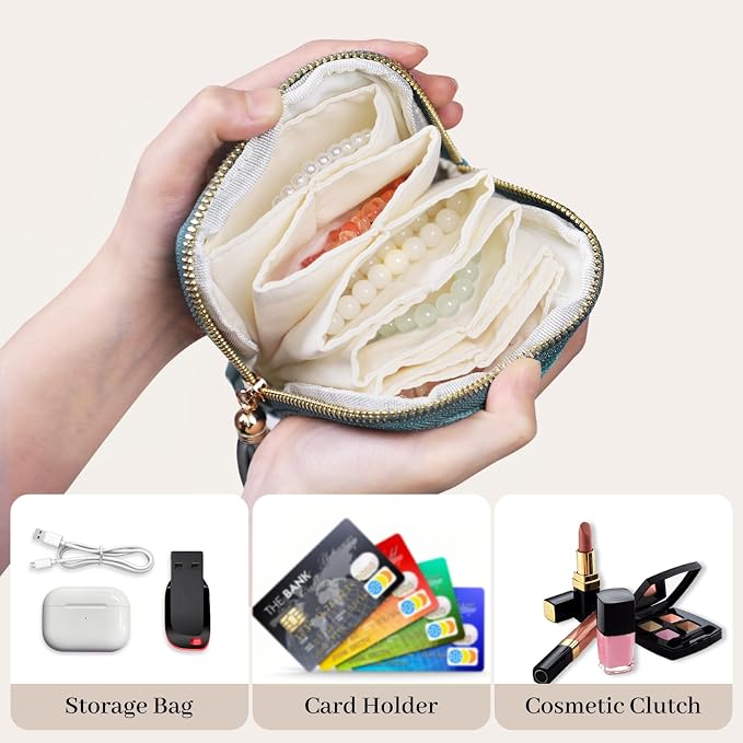 Stratalife Travel Jewelry Case - Portable Jewelry Pouches for Gemstones Healing Crystal, Bracelets Bangles Storage, Necklace Ring Holder Organizer with Zipper for Women, Mint Blue Tassel - Image 2