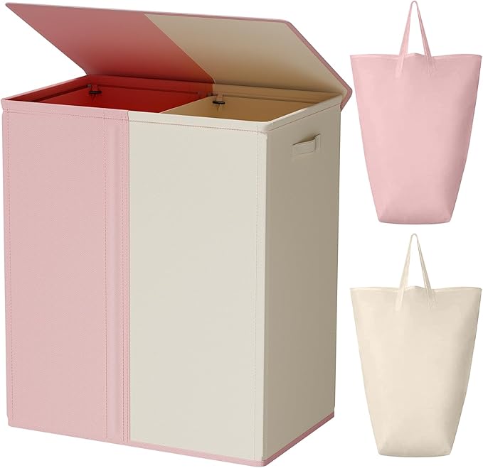 WOWLIVE Double Laundry Baseket with Lid and Removable Laundry Bags,154L Large Laundry Hamper 2 Section Collapsible Dirty Clothes Hamper for Laundry Room,College Dorm,Bathroom,Pink and Beige by WOWLIVE
