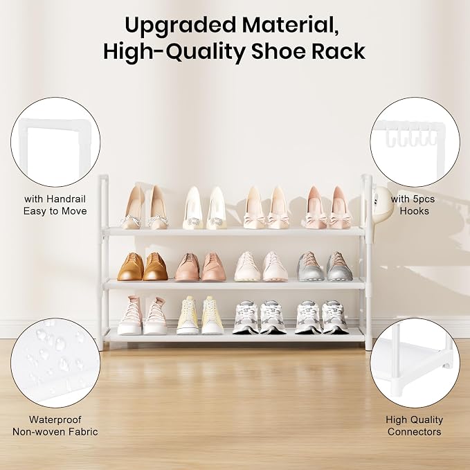 VILICK Shoe Rack for Closet Shoe Organizer Space Saver Storage for 12-15 Pair Shoe Shelf with Hook Free Standing 3 Tier Shoe Rack Organizer for Entryway, Small Spaces, White - Image 4