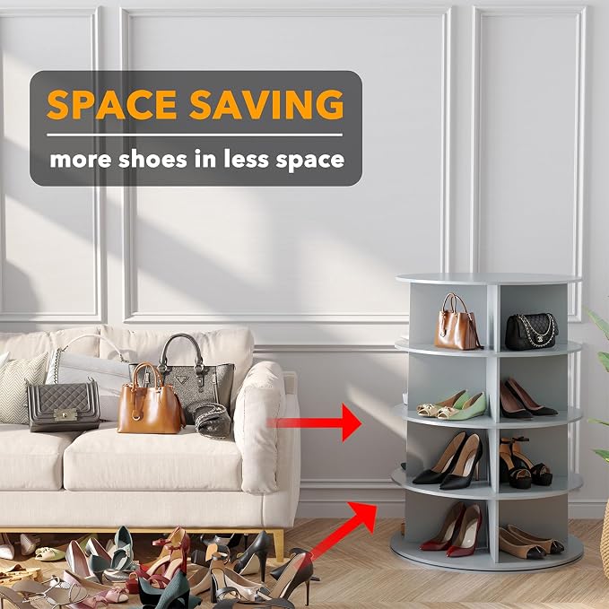 SpaceAid 4 Tier Rotating Shoe Rack Tower, Spinning Shoe Display Lazy Susan, Revolving 360 Shoe Rack Storage Round Carousel, Vertical Handbag Rotate Shoes Closet Organization (4-Tier Gray) - Image 3