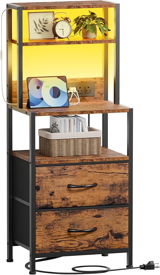 Furnulem Night Stand, Tall Nightstand with 4-Tier Shelves, 2 Fabric Drawers and Light Tube, Bed Side Tables with Charging Station, Bedside Table for Bedroom, Office, Rustic Brown