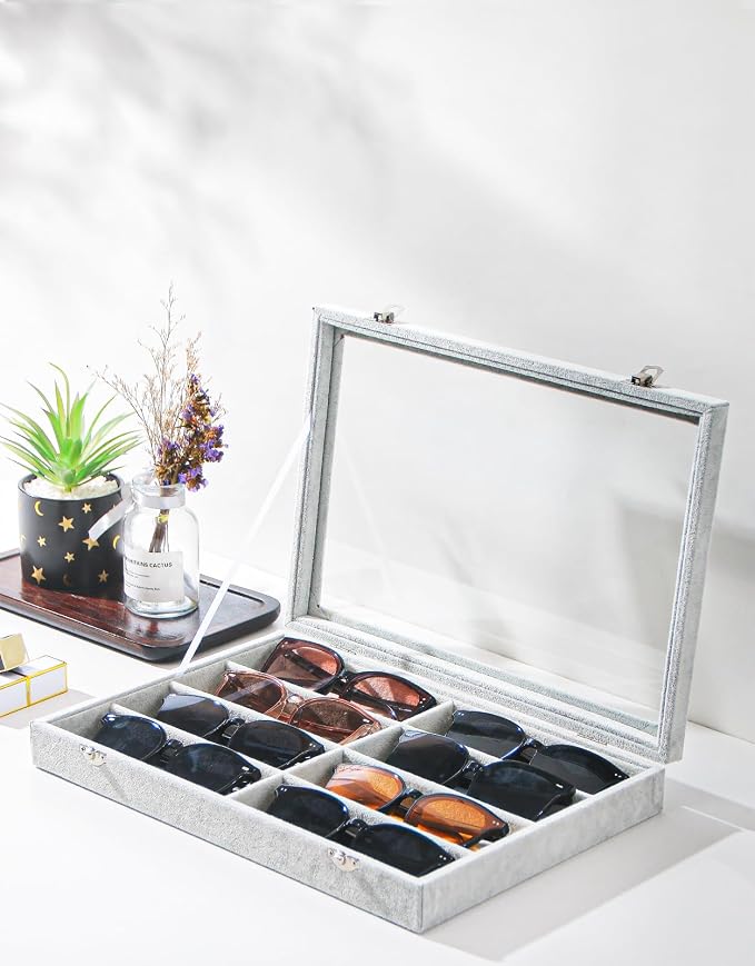 Coward Sunglass Organizer Tray Box, Grey Beige Velvet Eyeglasses Display Tray Case with Transparent Glass Lid for Home Use or Store Shop Selling Show - Image 2