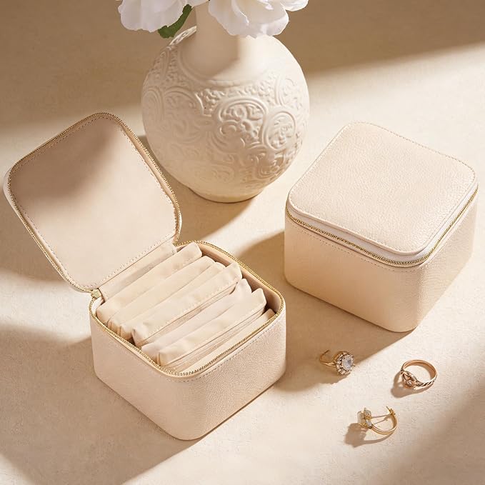 Travel Jewelry Organizer, Travel Jewelry Box with 6 Velvet Zipped Pouches Bags for Jewelries Necklaces Rings Earrings Sorting Storage for Women Girl Gifts, Ivory - Image 2