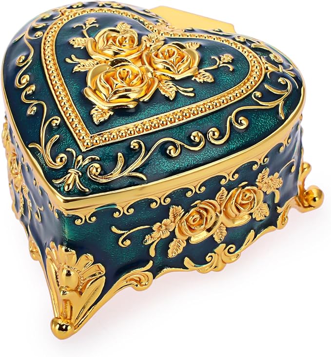 Hipiwe Vintage Metal Jewelry Box - Heart Shape Trinket Box Ring Case with Rose Pattern Jewelry Storage Box for Ring Earrings Necklace, Keepsake Box for Women, Blue by Hipiwe
