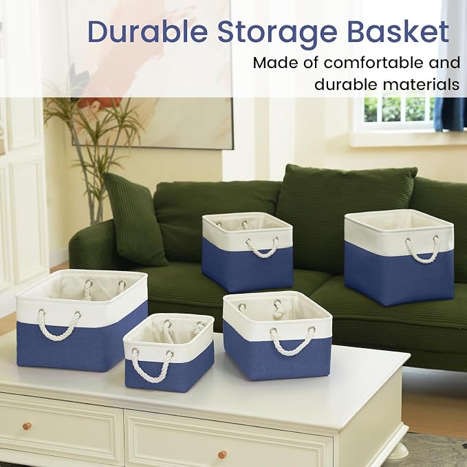 Large Storage Baskets- 15.7x11.8x8.26 inch Storage Bins for Shelves and Closet Organizing, Foldable Fabric Bin for Home Organization Clothes and Laundry (1-Pack, White&Blue) - Image 7