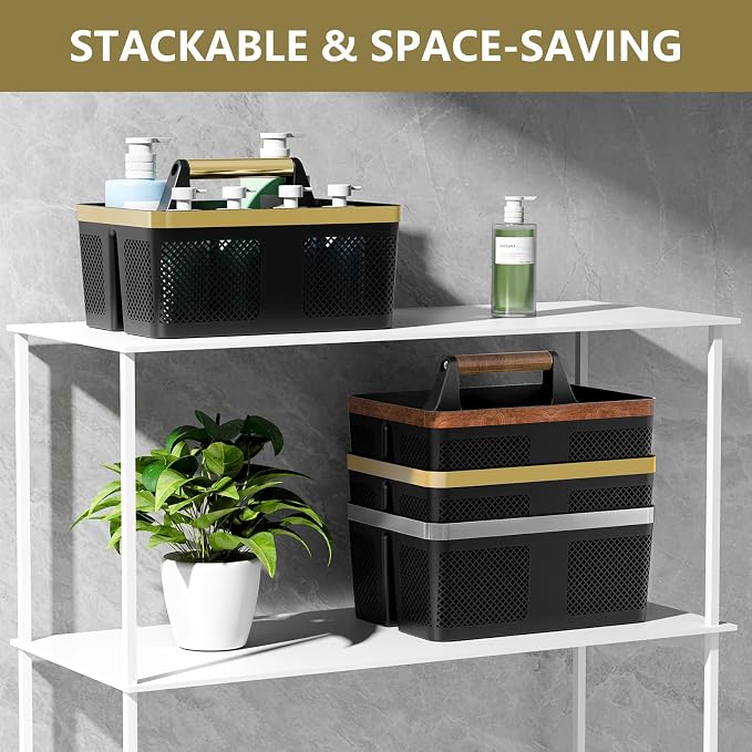 BYUNER Shower Caddy Dorm Men: Plastic Bathroom Caddy Organizer with Handle and Holes, Bath Caddy for College Dorm, Portable Shower Basket Tote for Toiletry, Travel, GYM, Camp Essentials Black/Gold - Image 4