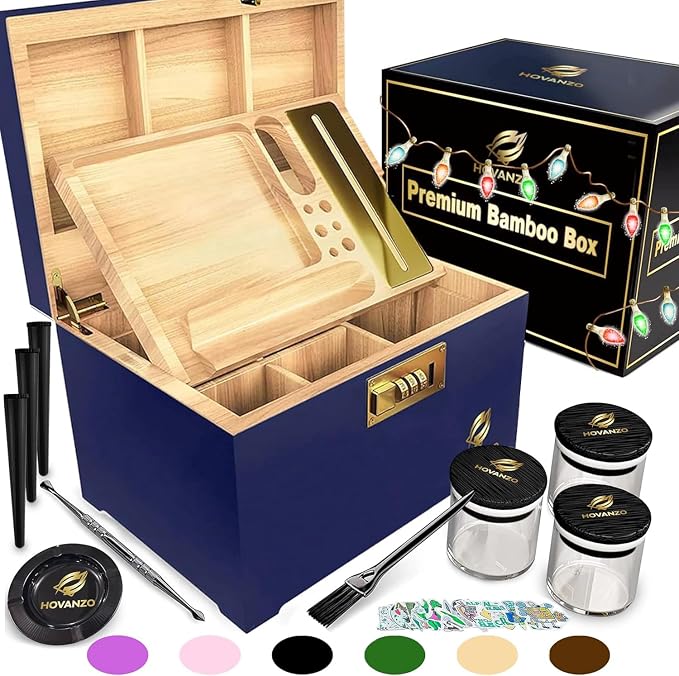 HOVANZO Premium Large Bamboo Storage Box with Removable Tray - Storage Wood Box for Herbs and Accessories - Storage Box Set with Combination Lock - Smell Proof Container with Accessories by hovanzo